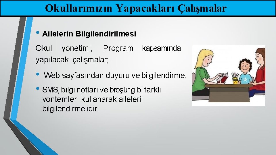 Okullarımızın Yapacakları Çalışmalar • Ailelerin Bilgilendirilmesi Okul yönetimi, Program yapılacak çalışmalar; kapsamında • Web