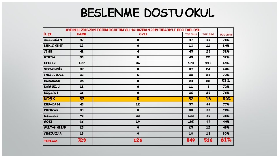 BESLENME DOSTU OKUL AYDIN İLİ 2018 -2019 EĞİTİM ÖĞRETİM YILI 14 HAZİRAN 2019 İTİBARIYLE