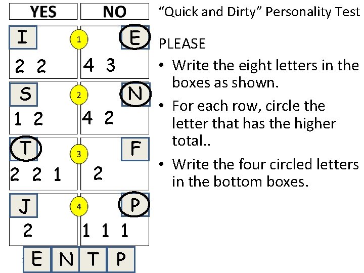 “Quick and Dirty” Personality Test I 2 2 S 1 2 T 2 2