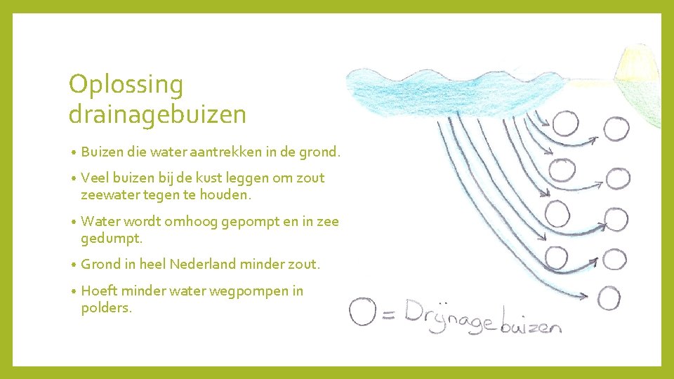 Oplossing drainagebuizen • Buizen die water aantrekken in de grond. • Veel buizen bij