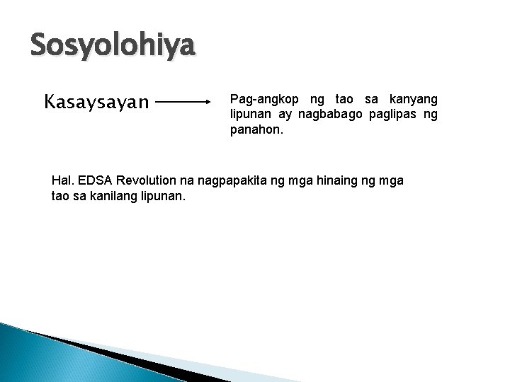 Sosyolohiya Kasaysayan Pag-angkop ng tao sa kanyang lipunan ay nagbabago paglipas ng panahon. Hal.