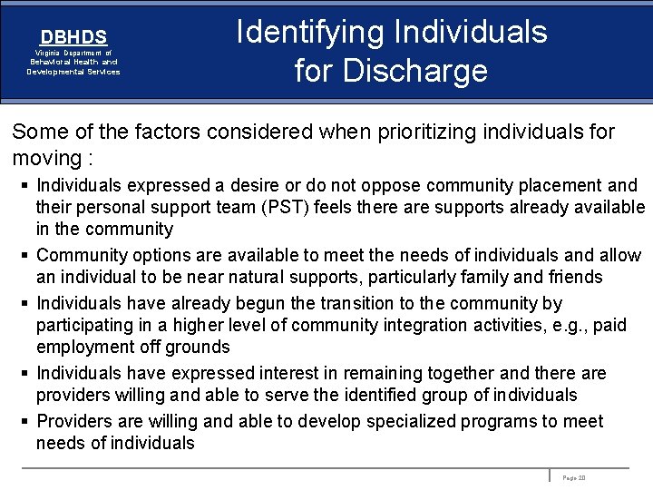DBHDS Virginia Department of Behavioral Health and Developmental Services Identifying Individuals for Discharge Some