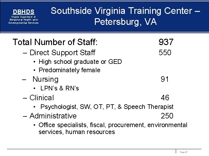 DBHDS Virginia Department of Behavioral Health and Developmental Services Southside Virginia Training Center –