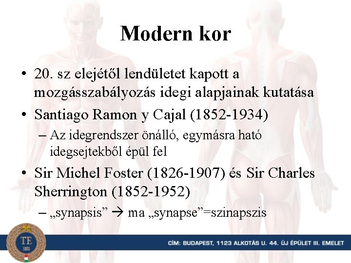 Modern kor • 20. sz elejétől lendületet kapott a mozgásszabályozás idegi alapjainak kutatása •