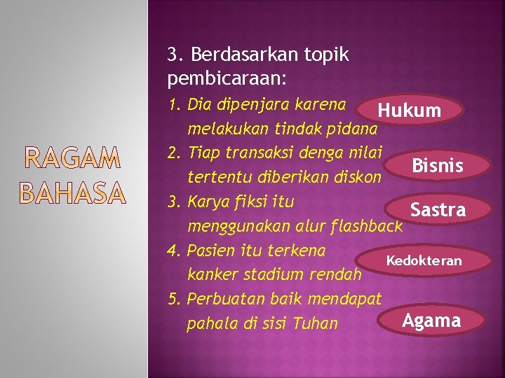 3. Berdasarkan topik pembicaraan: 1. Dia dipenjara karena Hukum melakukan tindak pidana 2. Tiap