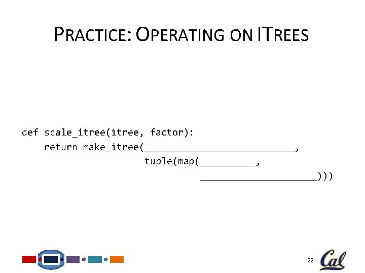 PRACTICE: OPERATING ON ITREES def scale_itree(itree, factor): return make_itree(______________, tuple(map(_____, ___________))) 22 