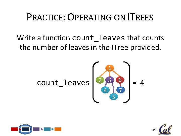 PRACTICE: OPERATING ON ITREES Write a function count_leaves that counts the number of leaves