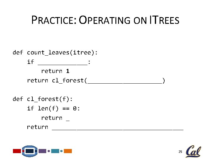 PRACTICE: OPERATING ON ITREES def count_leaves(itree): if _______: return 1 return cl_forest(___________) def cl_forest(f):