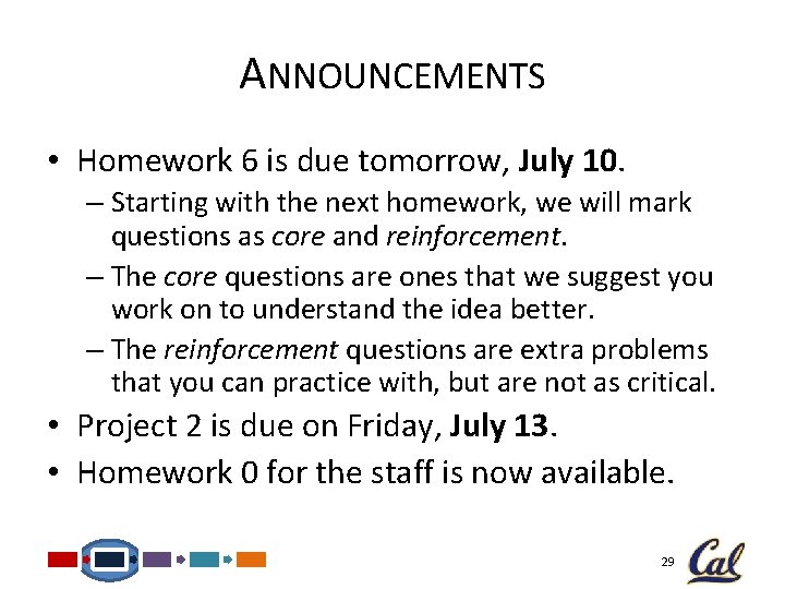 ANNOUNCEMENTS • Homework 6 is due tomorrow, July 10. – Starting with the next