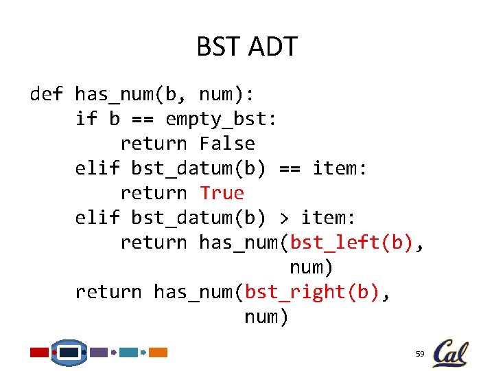BST ADT def has_num(b, num): if b == empty_bst: return False elif bst_datum(b) ==