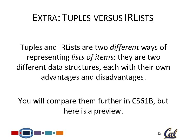 EXTRA: TUPLES VERSUS IRLISTS Tuples and IRLists are two different ways of representing lists