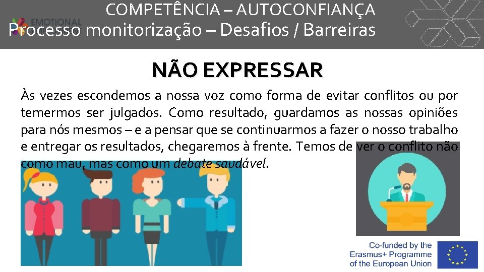 COMPETÊNCIA – AUTOCONFIANÇA Processo monitorização – Desafios / Barreiras NÃO EXPRESSAR Às vezes escondemos