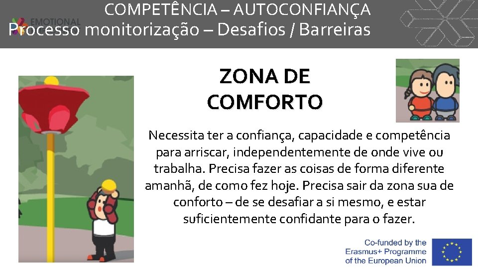 COMPETÊNCIA – AUTOCONFIANÇA Processo monitorização – Desafios / Barreiras ZONA DE COMFORTO Necessita ter