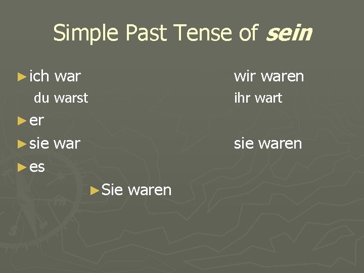 Simple Past Tense of sein ► ich war wir waren du warst ihr wart