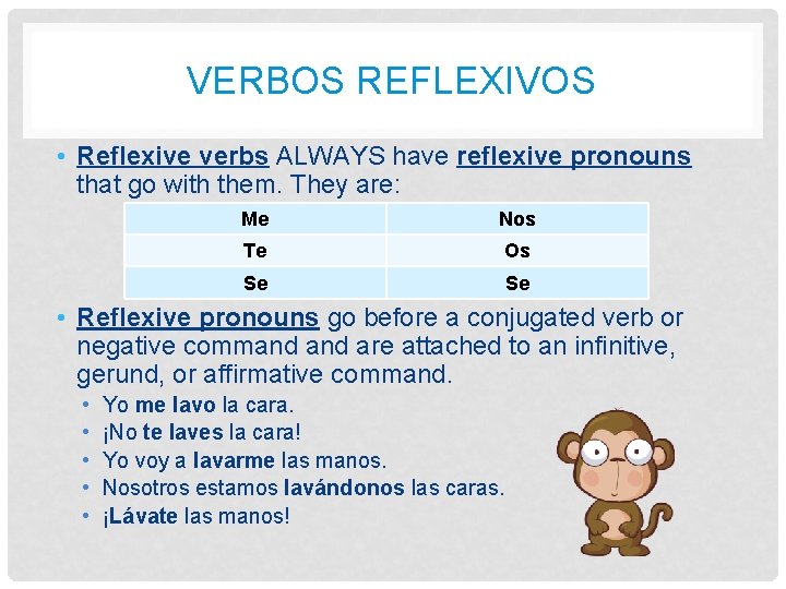 VERBOS REFLEXIVOS • Reflexive verbs ALWAYS have reflexive pronouns that go with them. They VERBOS REFLEXIVOS • Reflexive verbs ALWAYS have reflexive pronouns that go with them. They