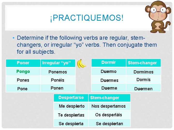 ¡PRACTIQUEMOS! • Determine if the following verbs are regular, stemchangers, or irregular “yo” verbs. ¡PRACTIQUEMOS! • Determine if the following verbs are regular, stemchangers, or irregular “yo” verbs.