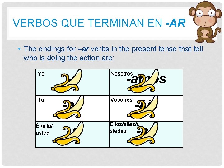 VERBOS QUE TERMINAN EN -AR • The endings for –ar verbs in the present VERBOS QUE TERMINAN EN -AR • The endings for –ar verbs in the present