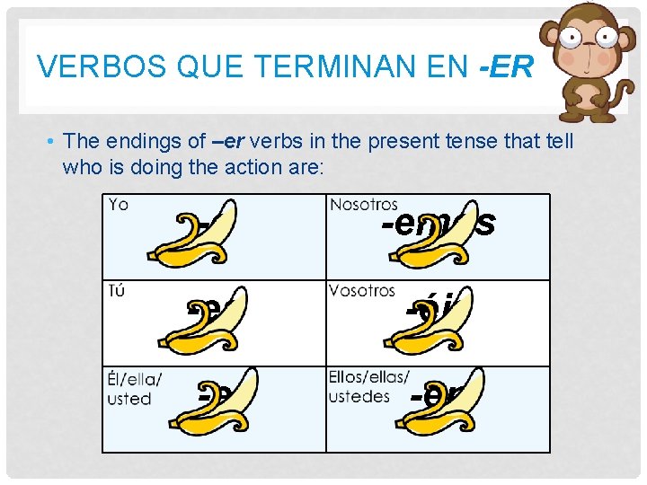 VERBOS QUE TERMINAN EN -ER • The endings of –er verbs in the present VERBOS QUE TERMINAN EN -ER • The endings of –er verbs in the present