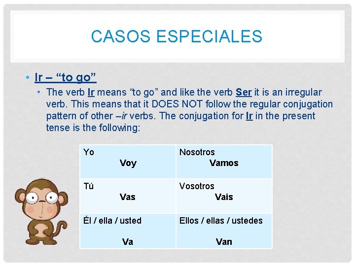 CASOS ESPECIALES • Ir – “to go” • The verb Ir means “to go” CASOS ESPECIALES • Ir – “to go” • The verb Ir means “to go”