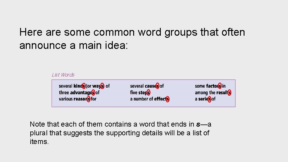 Here are some common word groups that often announce a main idea: List Words