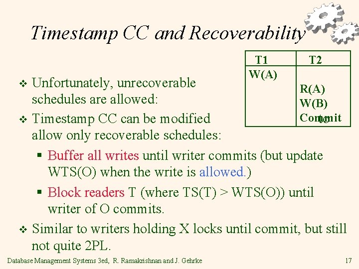 Timestamp CC and Recoverability T 1 W(A) T 2 Unfortunately, unrecoverable R(A) schedules are