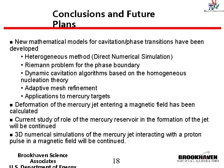 Conclusions and Future Plans New mathematical models for cavitation/phase transitions have been developed •