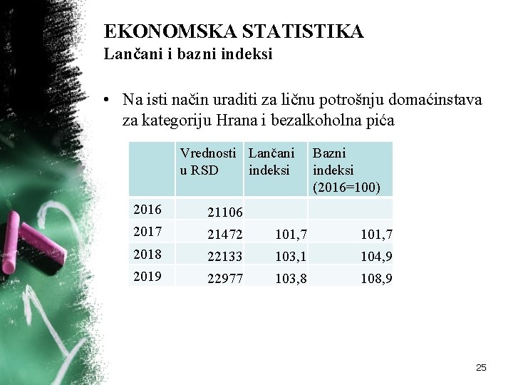 EKONOMSKA STATISTIKA Lančani i bazni indeksi • Na isti način uraditi za ličnu potrošnju