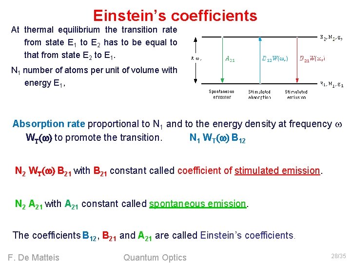 Einstein’s coefficients At thermal equilibrium the transition rate from state E 1 to E