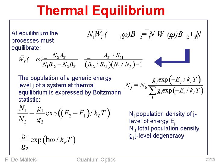 Thermal Equilibrium At equilibrium the processes must equilibrate: The population of a generic energy