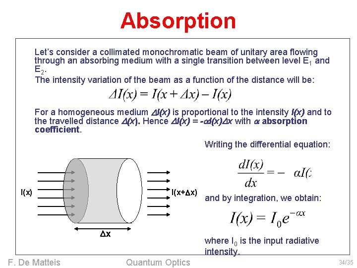 Absorption Let’s consider a collimated monochromatic beam of unitary area flowing through an absorbing