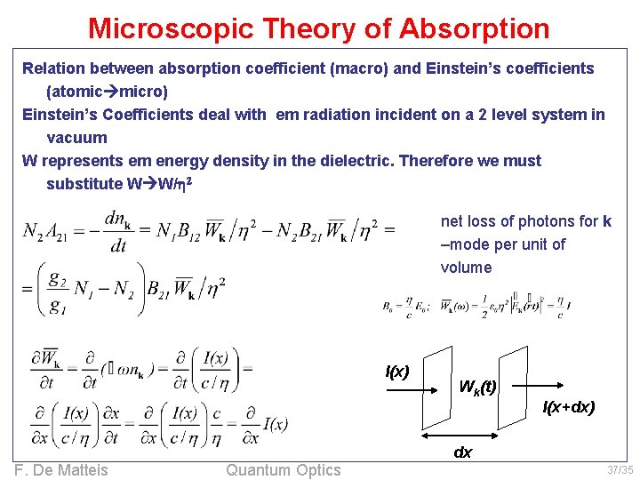 Microscopic Theory of Absorption Relation between absorption coefficient (macro) and Einstein’s coefficients (atomic micro)