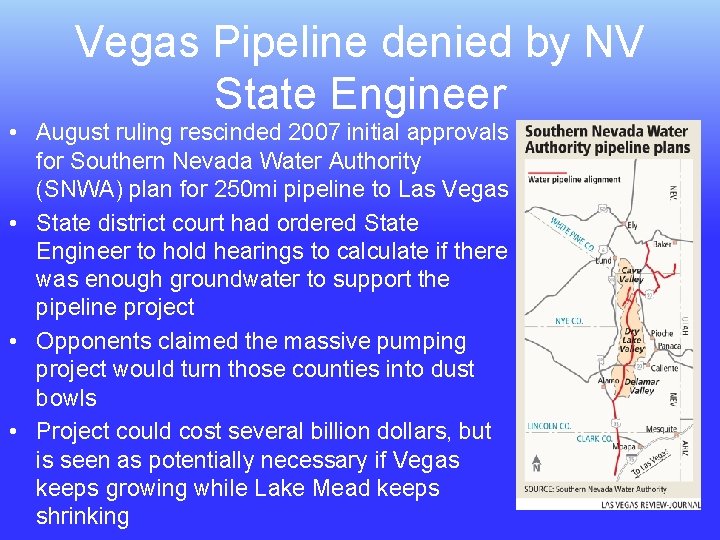 Vegas Pipeline denied by NV State Engineer • August ruling rescinded 2007 initial approvals