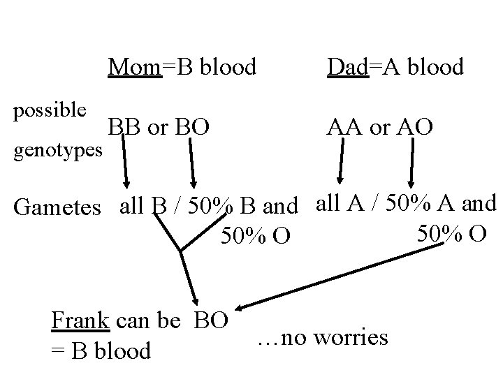 possible genotypes Mom=B blood Dad=A blood BB or BO AA or AO Gametes all