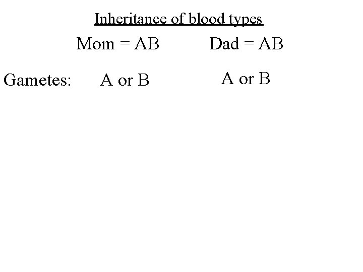 Inheritance of blood types Mom = AB Gametes: A or B Dad = AB