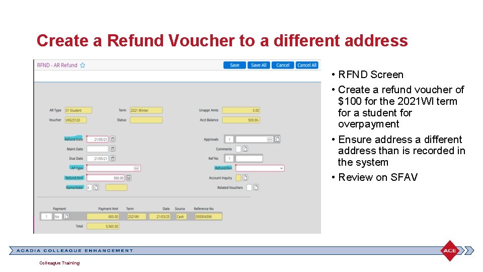 Create a Refund Voucher to a different address • RFND Screen • Create a
