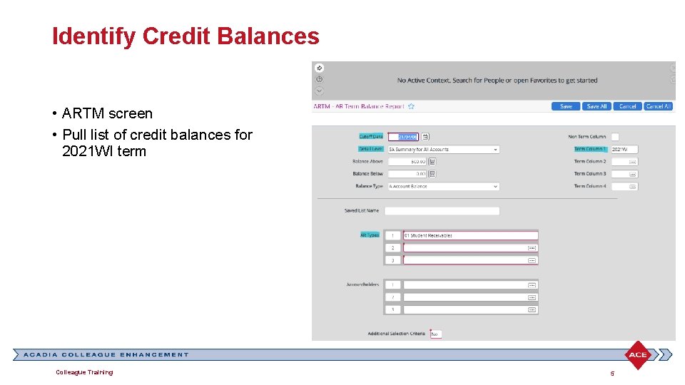 Identify Credit Balances • ARTM screen • Pull list of credit balances for 2021