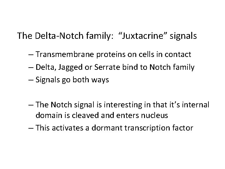 The Delta-Notch family: “Juxtacrine” signals – Transmembrane proteins on cells in contact – Delta,