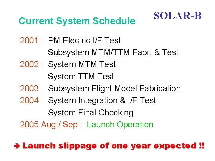 Current System Schedule SOLAR-B 2001 : PM Electric I/F Test Subsystem MTM/TTM Fabr. &