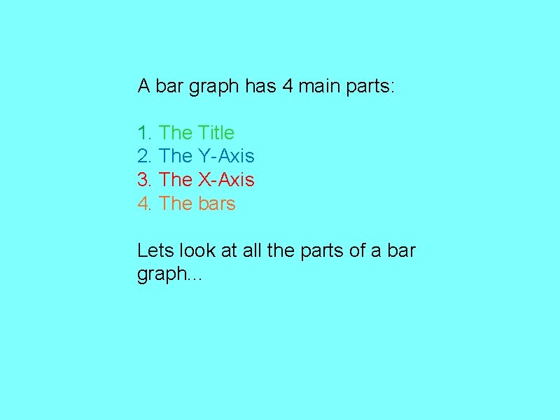 A bar graph has 4 main parts: 1. The Title 2. The Y-Axis 3.