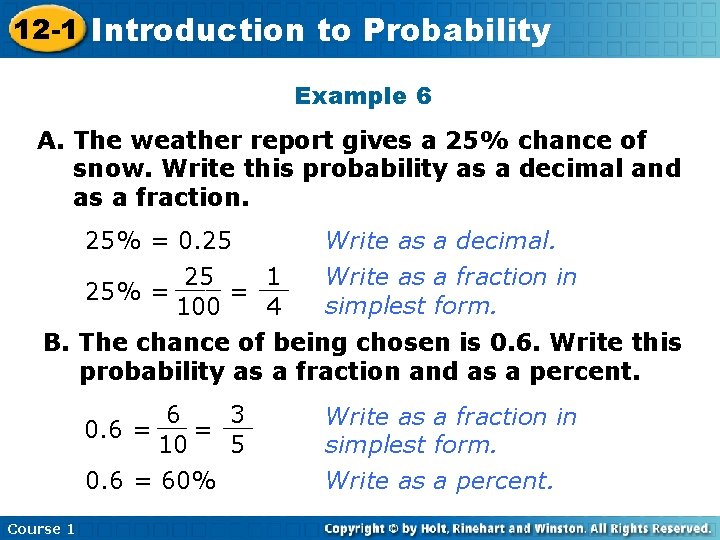 12 -1 Introduction Insert Lesson Here to. Title Probability Example 6 A. The weather
