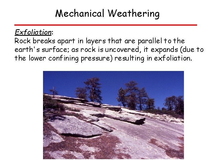 Mechanical Weathering Exfoliation: Rock breaks apart in layers that are parallel to the earth's