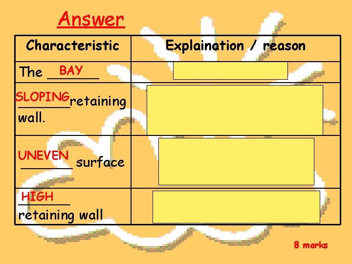 Answer Characteristic BAY The ______ SLOPING ______retaining wall. UNEVEN ______ surface HIGH ______ retaining