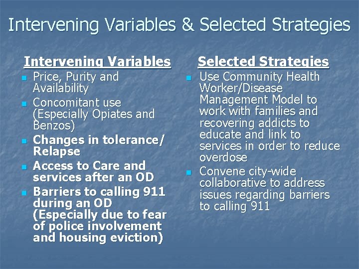 Intervening Variables & Selected Strategies Intervening Variables n n n Price, Purity and Availability