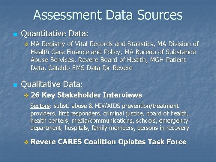 Assessment Data Sources n Quantitative Data: v n MA Registry of Vital Records and