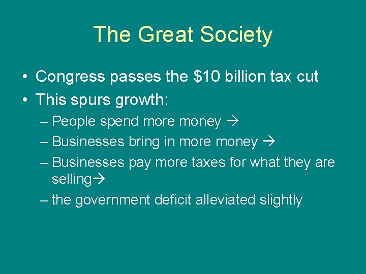 The Great Society • Congress passes the $10 billion tax cut • This spurs