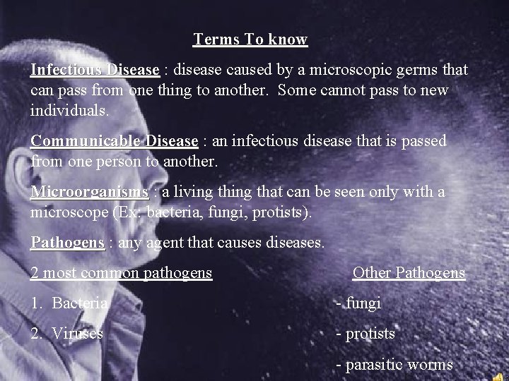 Terms To know Infectious Disease : disease caused by a microscopic germs that can