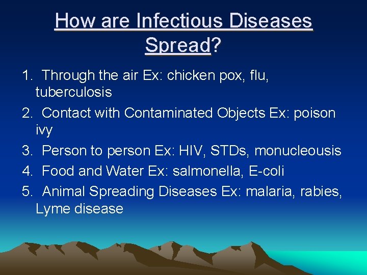 How are Infectious Diseases Spread? 1. Through the air Ex: chicken pox, flu, tuberculosis