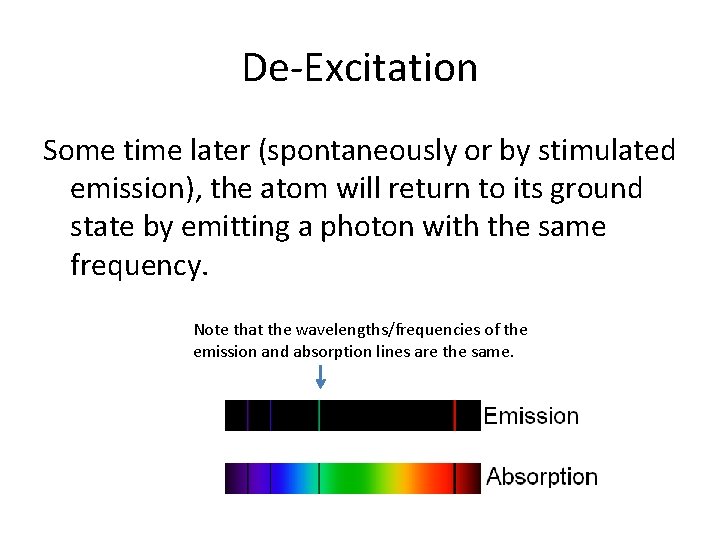 De-Excitation Some time later (spontaneously or by stimulated emission), the atom will return to