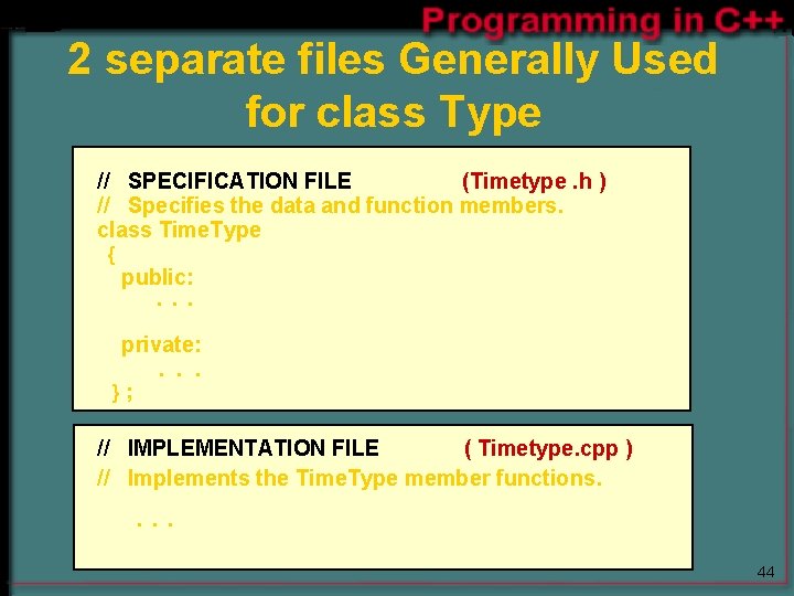 2 separate files Generally Used for class Type // SPECIFICATION FILE (Timetype. h ) 2 separate files Generally Used for class Type // SPECIFICATION FILE (Timetype. h )