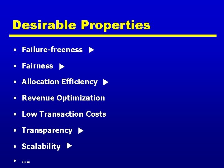 Desirable Properties • Failure-freeness • Fairness • Allocation Efficiency • Revenue Optimization • Low